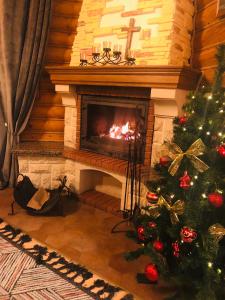 米戈韦Gostynnyi Dvir VIP HOUSE的带壁炉的客厅里的圣诞树