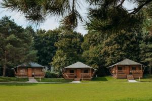 泽沃德Glamping lodge with Eco-Wellness的两栋小屋,位于一个树木林立的公园内