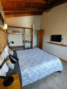 圣卡洛斯-德巴里洛切Hostal El Korú的一间卧室配有一张带蓝色棉被的床和一台电视