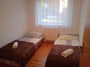 杰尔Family apartment-családias hangulat的小型客房 - 带2张床和窗户