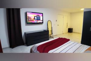 奥拉涅斯塔德Aruba Vacation House - Cozy and Modern!的卧室配有一张床和壁挂式平面电视。