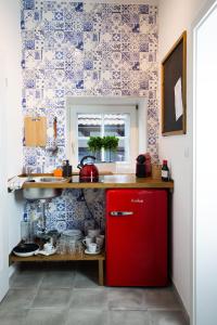 特热邦Boutique Hotel U zvonku的厨房里装有蓝色和白色壁纸的红色冰箱