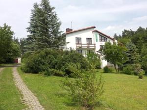 兹维日涅茨DOMKI , Pokoje gościnne Ustronie的前面有一条小径的白色房子
