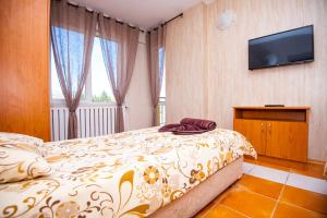 拉兹洛格Семеен Хотел Надежда的一间卧室配有一张床和一台平面电视