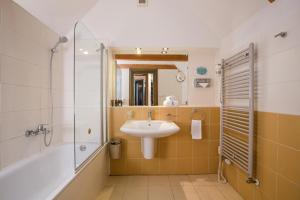 布拉格Charles Bridge Rooms & Suites by SIVEK HOTELS的浴室配有水槽、淋浴和浴缸。