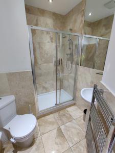 亚姆Award Winning Apartment in Yarm, North Yorkshire的带淋浴、卫生间和盥洗盆的浴室