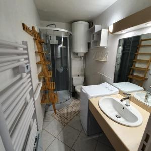 丰罗默奥代洛维亚apt cosy, 4 pers, plein centre ville, parking offert的一间带水槽和卫生间的小浴室