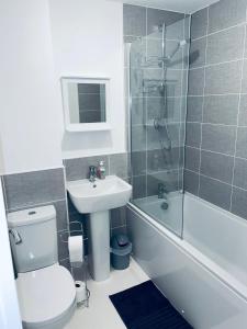 考文垂Cosy Family Home - Coventry City Centre - Entire House的浴室配有卫生间、盥洗盆和淋浴。