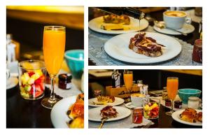 马德里波萨达德尔龙精品酒店的餐桌,盘子和一杯橙汁