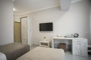 埃里温Koghbatsi Aparthotel的客房设有1张床、1张办公桌和1台电视。