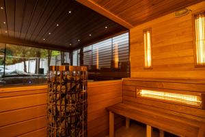 塞格德Arena Deluxe & Spa的木制桑拿浴室设有长凳和壁炉