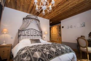 夏蒙尼-勃朗峰Paccard Locations Chamonix的一间卧室配有一张大床和一个吊灯。