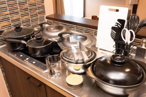 强罗スタジオーネ 箱根強羅 West - Stagione Hakone Gora West的厨房里的炉灶上放着一锅锅碗瓢盆
