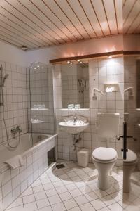 莱布尼茨洛美霍夫酒店及餐厅的浴室配有卫生间、盥洗盆和淋浴。