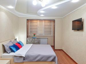 塔拉兹Уютная квартира класса ЛЮКС в городе Тараз的一间卧室配有蓝色和红色枕头的床