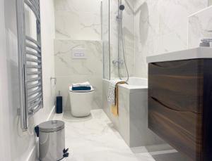 弗利特Elevate at Fleet Heights Apartment Seven的带淋浴、卫生间和盥洗盆的浴室