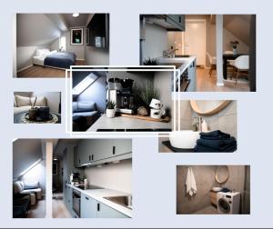 奥达Trolltunga Odda Apartments的厨房和客厅的照片拼合在一起
