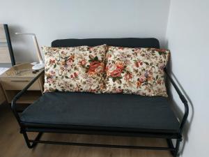 帕克mieszkanie dwupokojowe w Pucku的枕头坐在带花卉枕头的椅子上