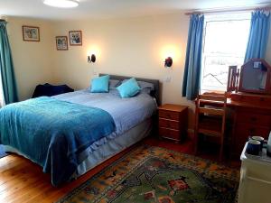 布德Sharlands Farm Bed and Breakfast的一间卧室配有一张带蓝色枕头的床和电视。