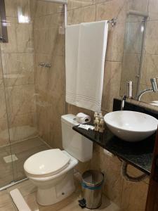 卡内拉Pousada Schmitz的浴室配有卫生间、盥洗盆和淋浴。