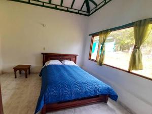 莱瓦镇CABAÑA VILLA LUISA de LEYVA的一间卧室配有一张带蓝色棉被的床和窗户。