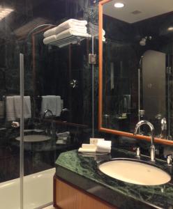 斋浦尔泰鼎浦尔酒店的一间带水槽、浴缸和镜子的浴室