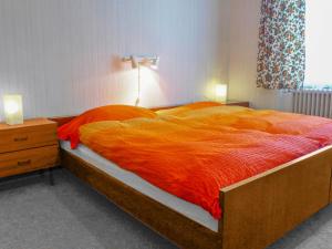 采尔马特Apartment Dianthus-1 by Interhome的一间卧室配有一张带橙色毯子的大床