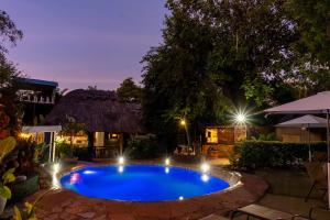 维多利亚瀑布Victoria Falls Backpackers Lodge- Camp Sites的夜间在院子里的游泳池