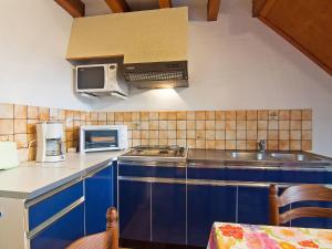 米尼赞海滩Holiday Home Sicard-2 by Interhome的厨房配有蓝色橱柜、水槽和微波炉