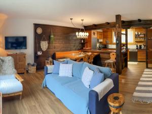 格林德尔瓦尔德Apartment SnowKaya Grindelwald by Interhome的一间带蓝色沙发的客厅和一间厨房