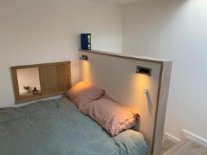 伦敦Entire Home on Victoria Park的卧室配有一张壁挂镜子的床