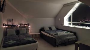 海拉Guesthouse Hateigi 2的一间卧室设有两张床,窗户配有圣诞灯