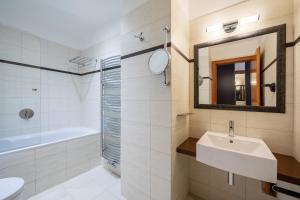 布拉格梅瑞恩设计酒店的一间带水槽、浴缸和镜子的浴室