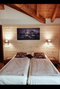 StremboAPARTHOTEL STREMBO的木墙客房的两张床