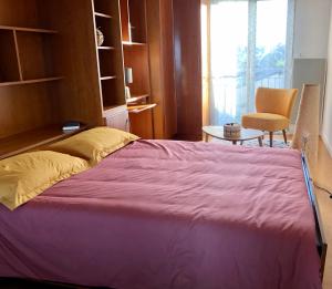 卡朗泰克Appartement vue mer à 100m de la plage au centre de Carantec的一间卧室配有一张大床和一把椅子