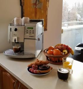 布达佩斯New Pest Apartman的一个带咖啡壶和一碗水果的柜台