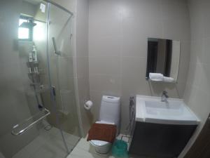 巴西古当Green Haven Homestay的带淋浴、盥洗盆和卫生间的浴室