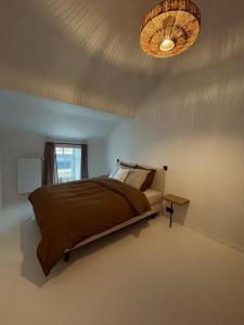 马尔什昂法梅讷L'Officine - Résidence Le Cercle的一间卧室配有一张床,天花板配有吊灯
