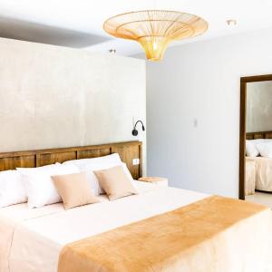 米娜克拉韦罗Favre Suites的一间卧室配有一张带白色床单和吊灯的床。