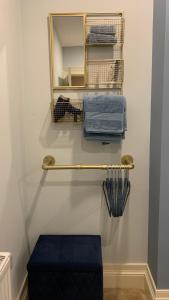 伦敦德里ENAS COVE Homely Getaway的一间带毛巾架和镜子的浴室