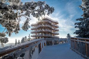 克雷尼察Chatynki Premium w Krynicy的一座白雪覆盖的山顶上的建筑