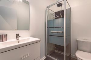 圣康坦Plancy Beds St-Quentin的一间带水槽和玻璃淋浴的浴室