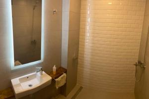 门多萨Buenaventura Apartments PARQUE的一间带水槽和淋浴的浴室