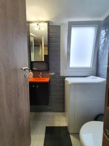 雅典Cozy Little Home的一间带水槽、窗户和卫生间的浴室