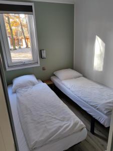 斯欣费尔德德布伦克伯格小屋公园洋房汽车旅馆的带窗户的客房内的两张床