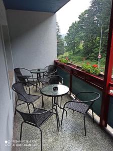 派克波特斯耐兹库Penzion Modřanka的阳台上的一排桌椅,窗户
