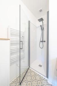 圣康坦Le Magnifique Appart'Hotel Le Gatsby的带淋浴的浴室和玻璃门