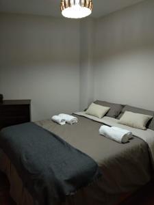 普埃夫拉德利略Peña del viento a pie de pistas estación San Isidro的一间卧室配有两张床和白色毛巾。