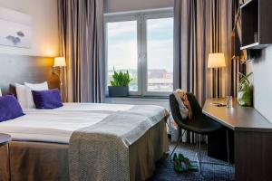哥德堡斯堪第25号酒店的配有一张床、一张书桌和一扇窗户的酒店客房