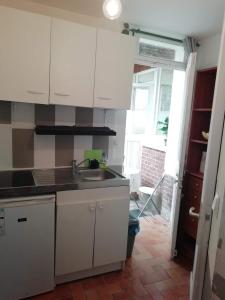 弗兰奎维尔-圣皮尔Charmant Appartement 10mn Rouen的厨房配有白色橱柜和水槽